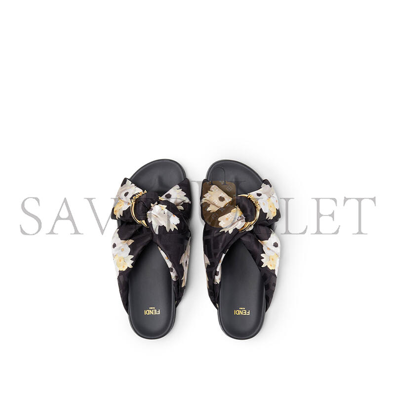 FENDI FEEL BLACK FF JACQUARD SATIN SLIDES 8X8645AWL6F0FGH